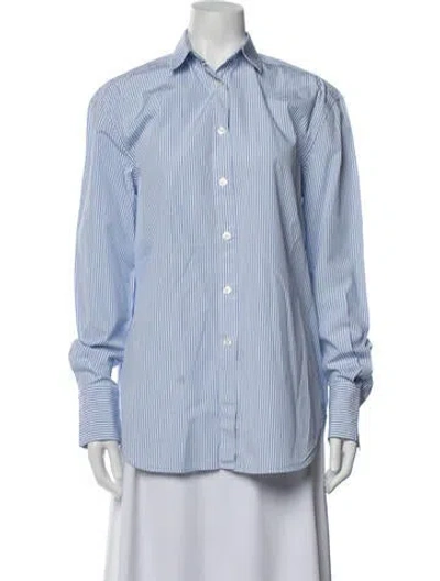 Pre-owned Another Tomorrow Striped Long Sleeve Button-up Top In Blue