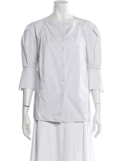Pre-owned Another Tomorrow Striped Square Neckline Button-up Top In White