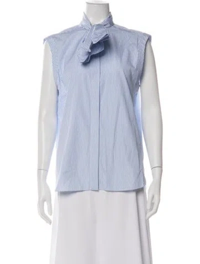 Pre-owned Another Tomorrow Striped Tie Neck Top In Blue