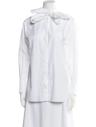 Pre-owned Another Tomorrow Tie Neck Long Sleeve Button-up Top In White