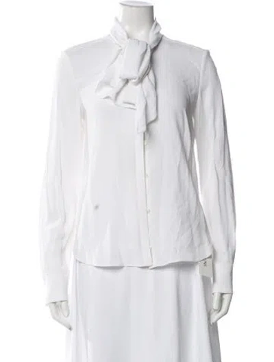 Pre-owned Another Tomorrow Tie Neck Long Sleeve Top In White