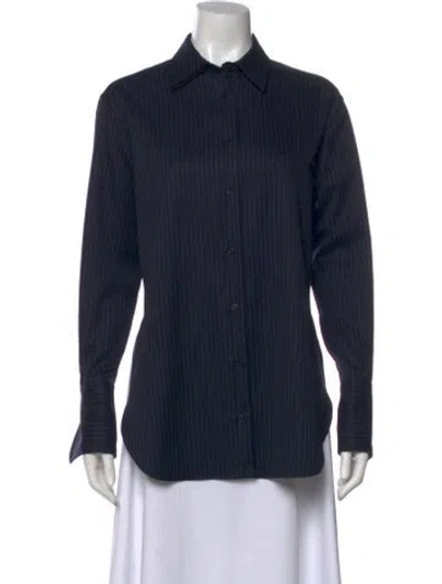 Pre-owned Another Tomorrow Virgin Wool Striped Button-up Top W/ Tags In Blue
