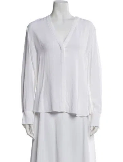 Pre-owned Another Tomorrow V-neck Long Sleeve Blouse In White