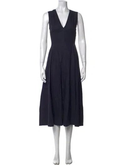 Pre-owned Another Tomorrow V-neck Midi Length Dress In Blue