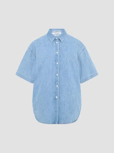 Another Tomorrow Women's Chambray Short Sleeve Shirt In Light Blue Wash