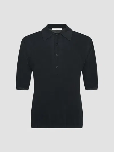 Another Tomorrow Pique Polo Top In Black