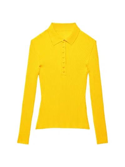 Another Tomorrow Women's Rib-knit Long-sleeve Polo Shirt In Bright Chartreuse