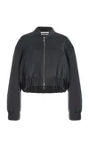 Another Tomorrow Cropped Satin Bomber Jacket In Black