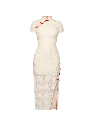 Anouki Bow-embellished High-neck Midi Dress In Neutral