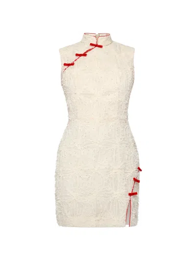 Anouki Bow-embellished Textured Mini Dress In Neutral