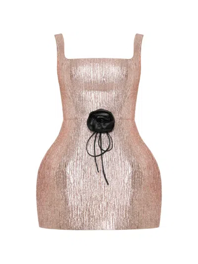 Anouki Metallic-finish Rose-appliqué Mini Dress In Brown