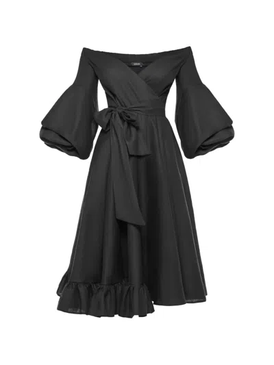 Anouki Off-shoulder Ruffled Midi Dress In Black
