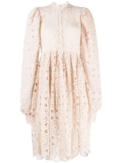 Anouki Puff-sleeve Crochet-cotton Dress In Neutrals