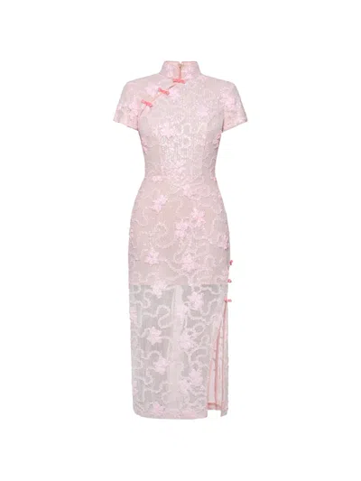 Anouki Sequin-embellished Floral-appliqué Maxi Dress In Pink