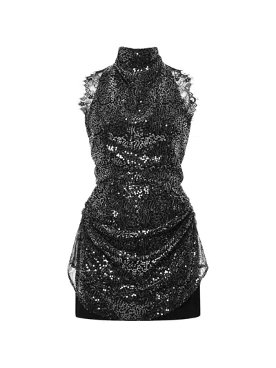 Anouki Sequin-embellished Lace-trim Mini Dress In Black