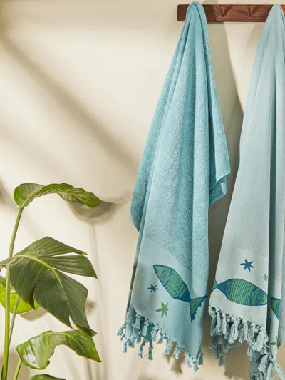 Anūt Cairo Big Fish Hand-printed Cotton Beach Towels (set Of 2) Anut Cairo Abask Gift Set In Blue