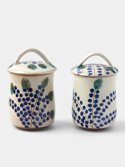 Anūt Cairo Dotty Vine Hand-painted Ceramic Jam Jars (set Of 2) Anut Cairo Abask Gift Set In Blue