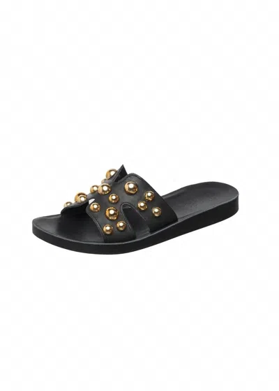 Antelope Women's Leather H-strap Slide Sandals With Studs In Black + Gold