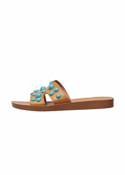 Antelope Women's Leather H-strap Slide Sandals With Studs In Taupe + Turquoise In Animal Print