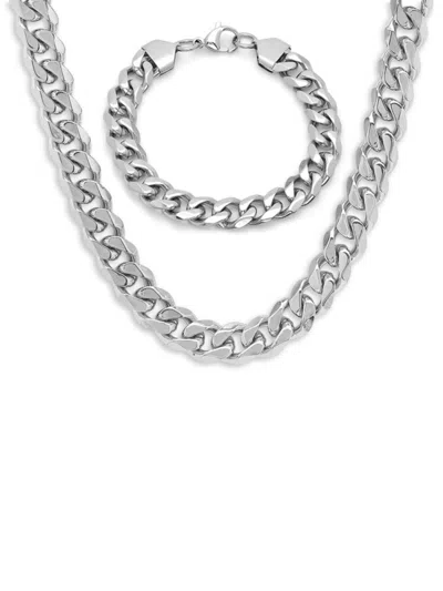 Anthony Jacobs 2-piece 18k Goldplated Cuban Link Chain Necklace & Bracelet Set In White Gold