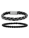 ANTHONY JACOBS 2-PIECE LEATHER, STAINLESS STEEL & LAVA BEAD BRACELET SET