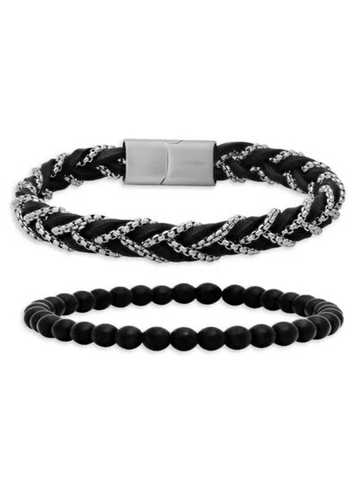 Anthony Jacobs 2-piece Leather, Stainless Steel & Lava Bead Bracelet Set In Black
