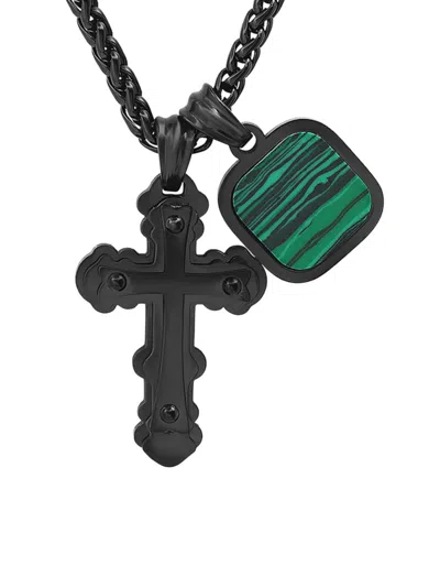 Anthony Jacobs Men's 18k Gold Plated Or Black Ip Square Simulated Malachite & Double Cross Pendant Necklace In Black Green