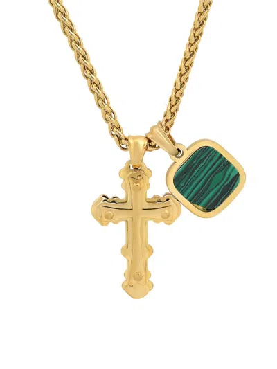 Anthony Jacobs Men's 18k Gold Plated Or Black Ip Square Simulated Malachite & Double Cross Pendant Necklace In Gold Green