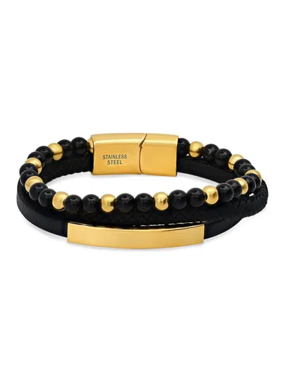 Anthony Jacobs Men's 18k Goldplated Stainless Steel, Black Lava & Leather Tri Strand Bracelet