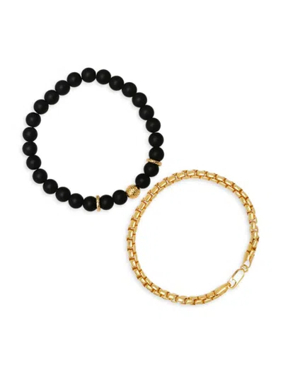 Anthony Jacobs Men's 2-piece 14k Goldplated Sterling Silver & Lava Bracelet Set