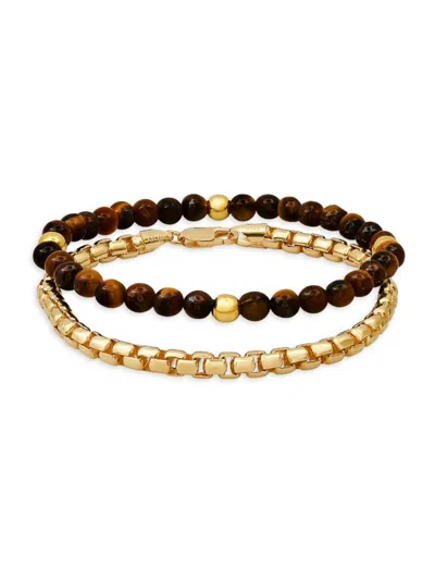 Anthony Jacobs Men's 2-piece 14k Goldplated Sterling Silver & Tigers Eye & Box Chain Bracelet Set