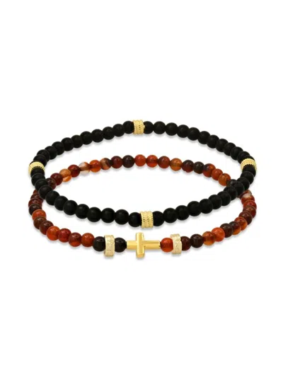 Anthony Jacobs Men's 2-piece 14k Goldplated Sterling Silver, Black Lava & Red Agate Beaded Stretch Bracelets Set In Red Multi