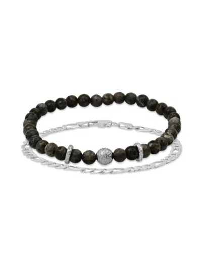 Anthony Jacobs Men's 2-piece 14k White Goldplated & Gray Agate Beaded Stretch Bracelet Set In Whitegold