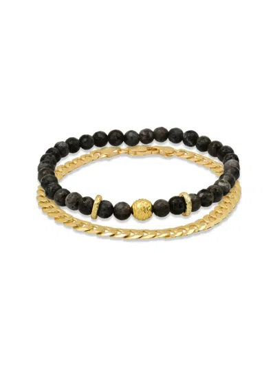 Anthony Jacobs Men's 2-piece 14k White Goldplated & Gray Agate Beaded Stretch Bracelet Set In Yellow Gold