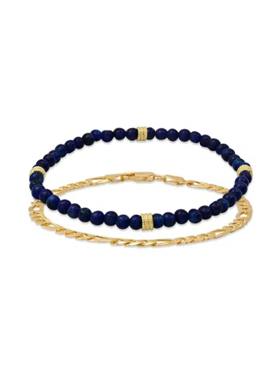 Anthony Jacobs Men's 2-piece 14k Yellow Goldplated Sterling Silver & Blue Lapis Beaded Stretch Bracelets Set