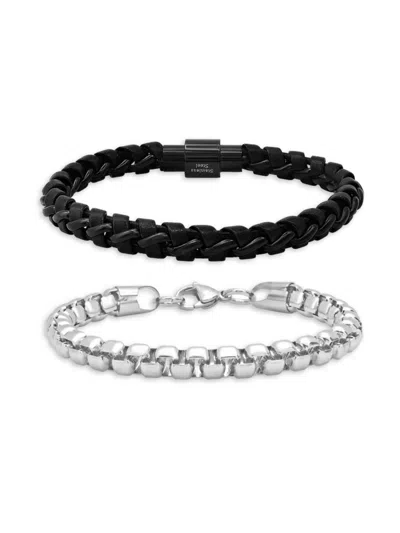Anthony Jacobs Men's 2-piece Black Ip Stainless Steel & Leather Braided Bracelet Set