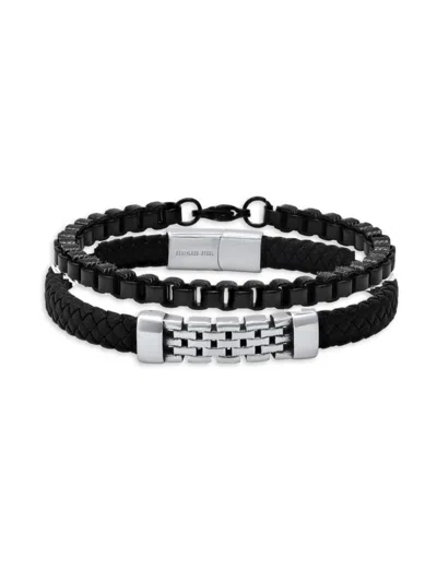 Anthony Jacobs Men's 2-piece Braided Leather & Stainless Steel Bracelet Set In Black