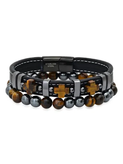 Anthony Jacobs Men's 2-piece Leather, Stainless Steel, Hematite & Tiger Eye Beaded Bracelet Set In Black