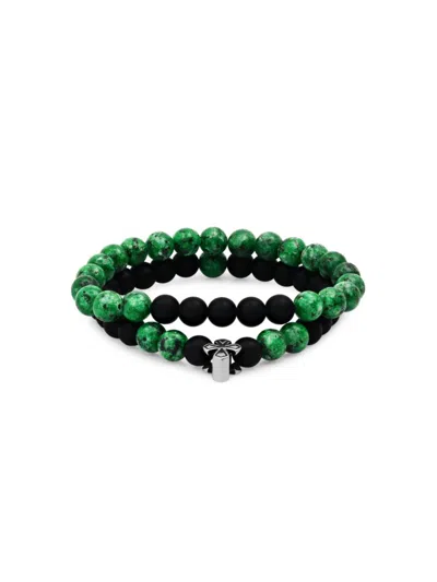 Anthony Jacobs Men's 2-piece Stainless Steel, Black Lava & Green Agate Beaded Stretch Bracelet Set