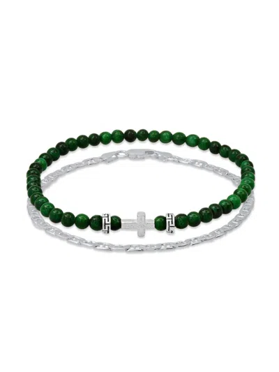 Anthony Jacobs Men's 2-piece Sterling Silver & Green Agate Bracelet Set In White Gold