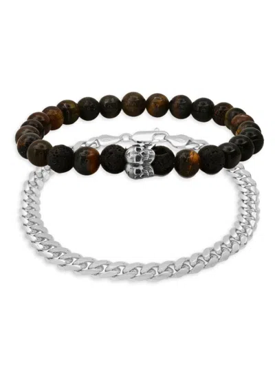 Anthony Jacobs Men's 2-piece Sterling Silver & Tiger Eye Beaded Bracelet Set