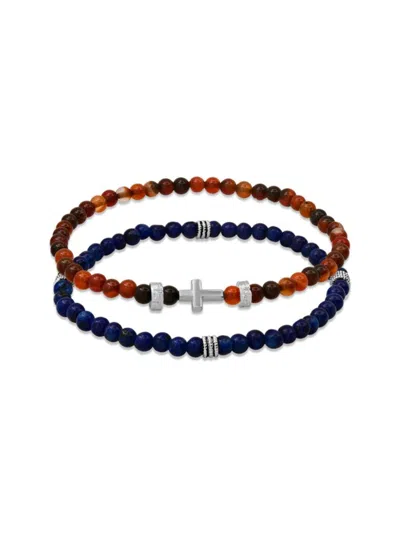 Anthony Jacobs Men's 2-piece Sterling Silver, Blue Lapis & Red Agate Beaded Stretch Bracelets Set In Red Multi