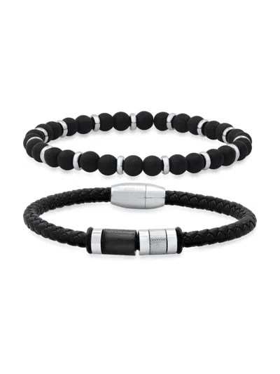 Anthony Jacobs Men's 2-piece Two Tone Black Ip Stainless Steel, Leather, Rubber & Lava Beaded Bracelet Set