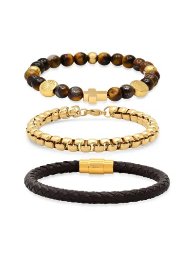Anthony Jacobs Men's 3-piece 18k Gold Plated, Stainless Steel, Leather & Tiger Eye Bracelet Set