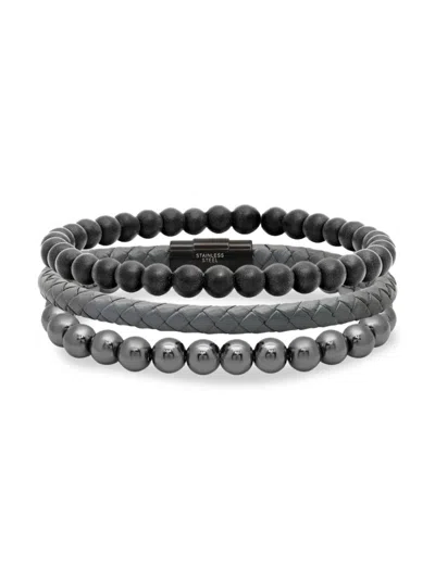 Anthony Jacobs Men's 3-piece Black Ip, Stainless Steel & Leather Bracelet Set