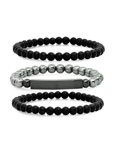 Anthony Jacobs Men's 3-piece Hematite & Black Ip Stainless Steel Beaded Bracelet Set