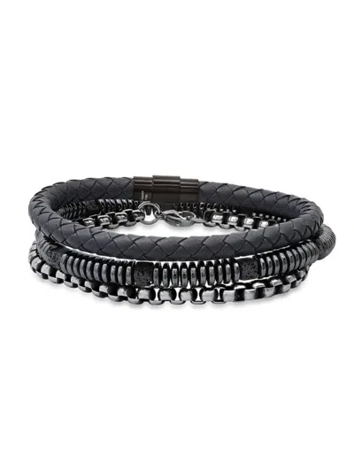 Anthony Jacobs Men's 3-piece Leather, Black Ion-plated Stainless Steel, Lava & Hematite Beaded Bracelets Set In Black Multi