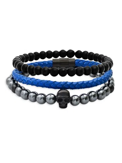 Anthony Jacobs Men's 3-piece Skull Hematite, Stainless Steel & Leather Bracelet Set In Multi