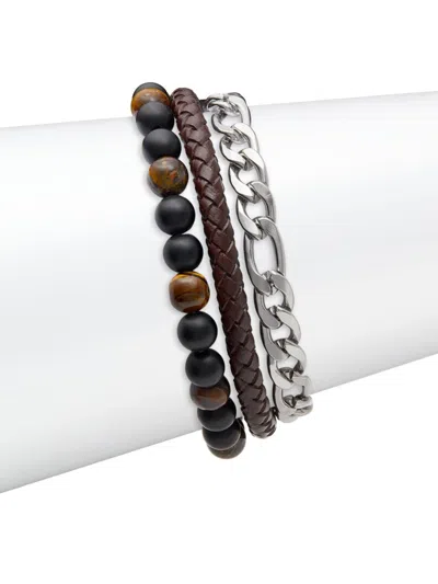 Anthony Jacobs Men's 3-piece Stainless Steel, Black Lava, Tiger Eye & Leather Bracelet Set In Brown