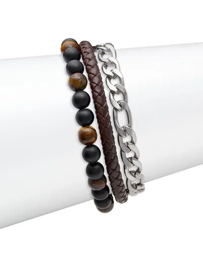 Anthony Jacobs Men's 3-piece Stainless Steel, Black Lava, Tiger Eye & Leather Bracelet Set